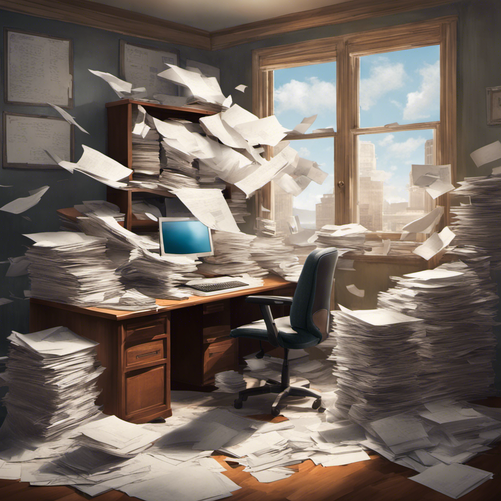 A small office with a desk and paper contracts stack high, a gust of wind blow through a window blowing the stack of papers through the air.